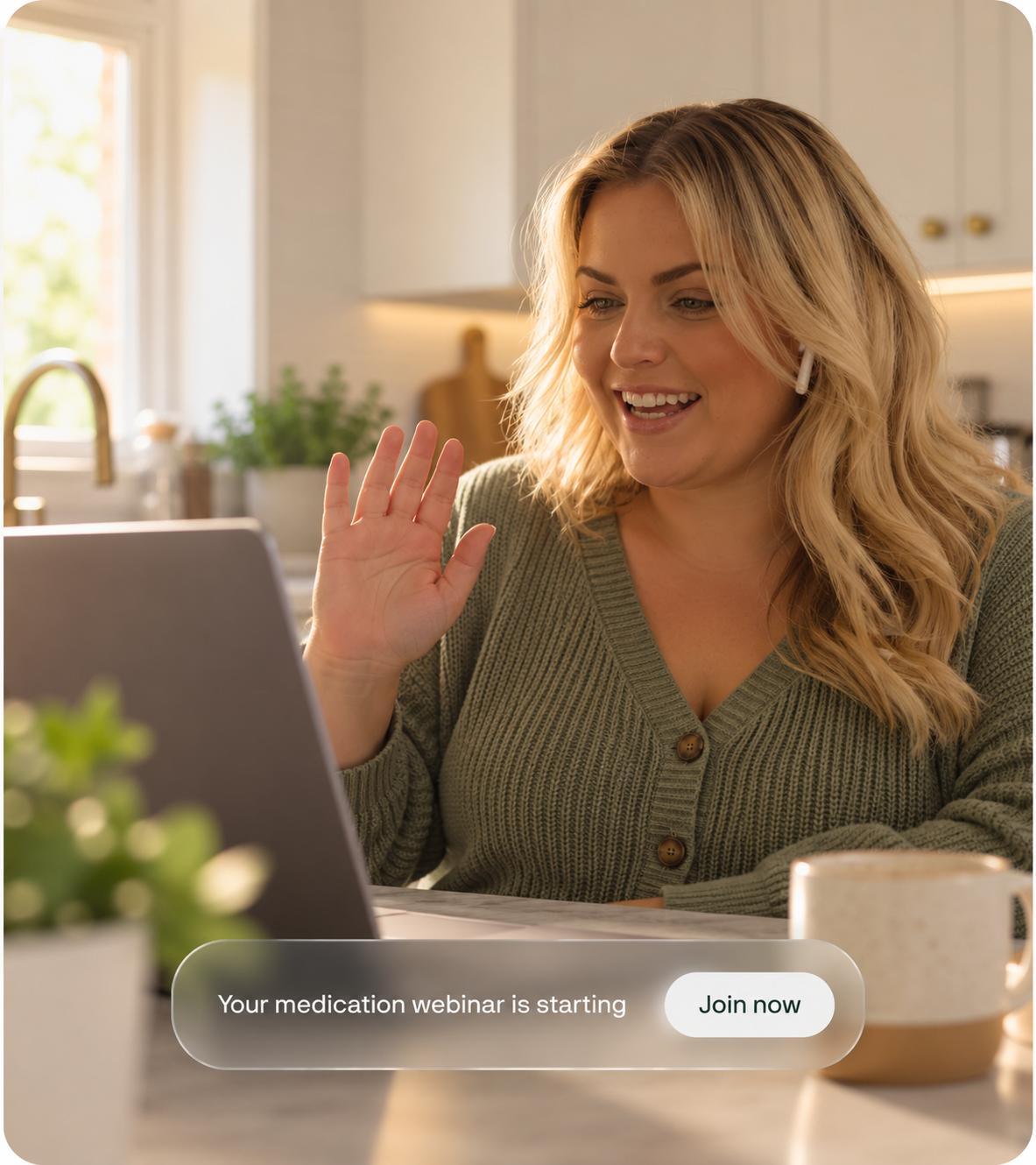 Woman waving during an online medication webinar, with a Join now prompt