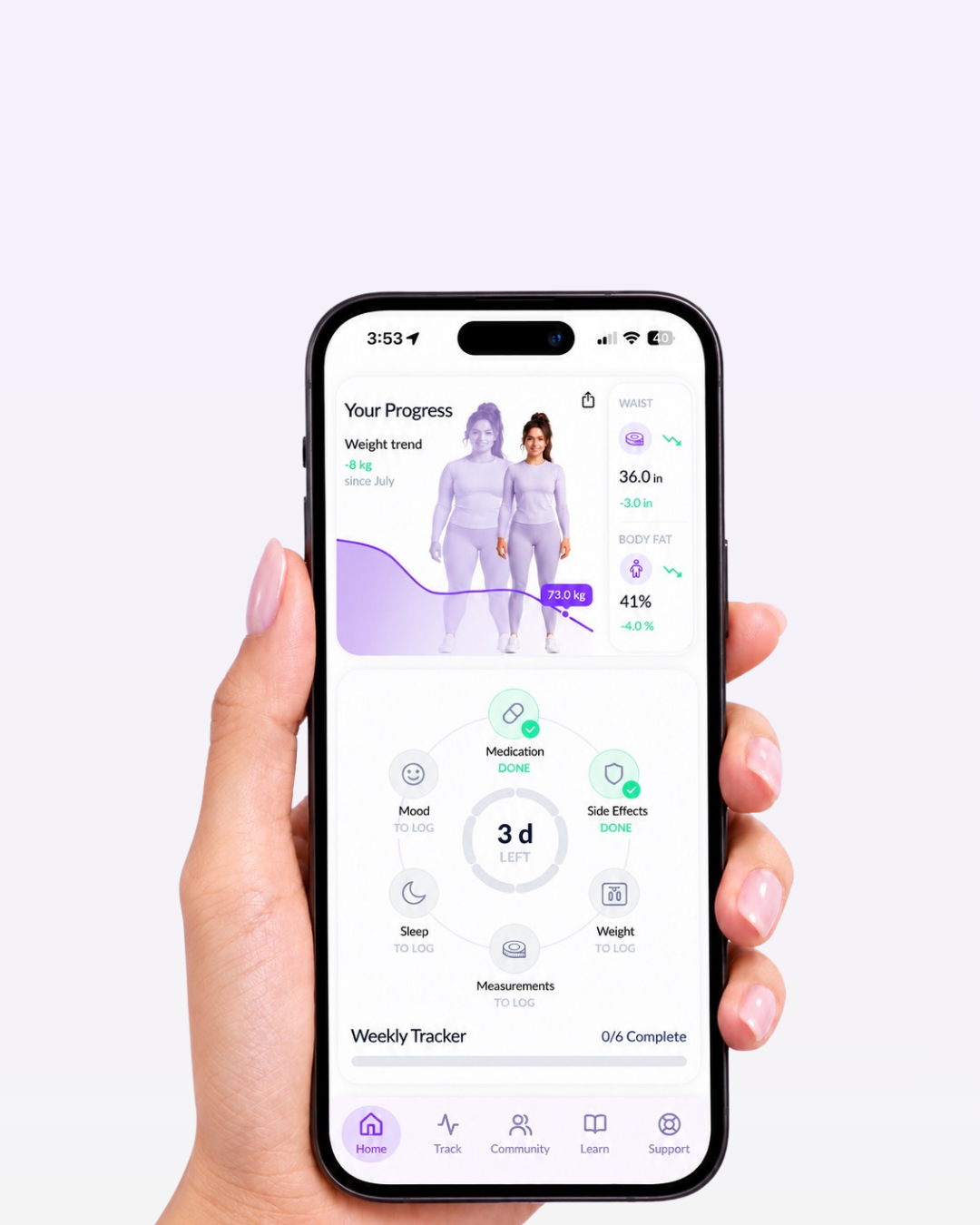 Hand holding a phone showing the Trim app's progress and weekly tracking screens